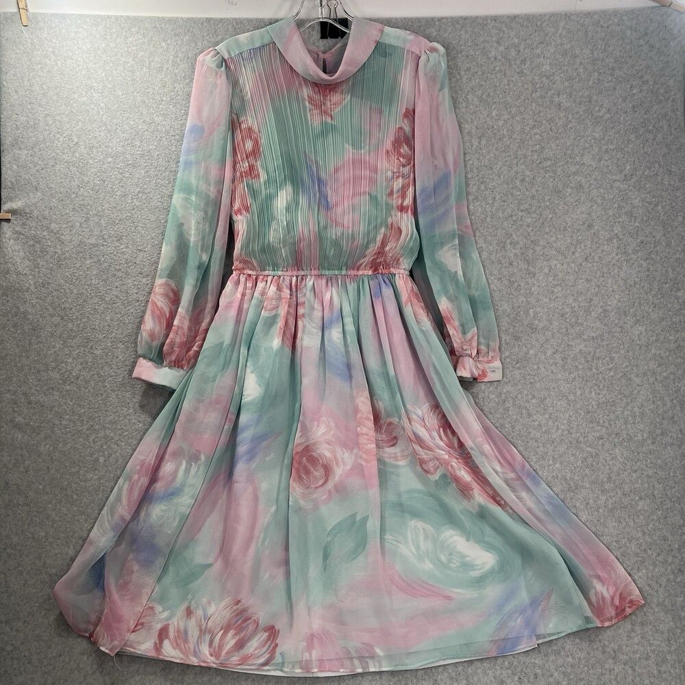 Vintage Marinette Dress 70s 80s M* Secretary Semi Sheer Sleeves Pastel